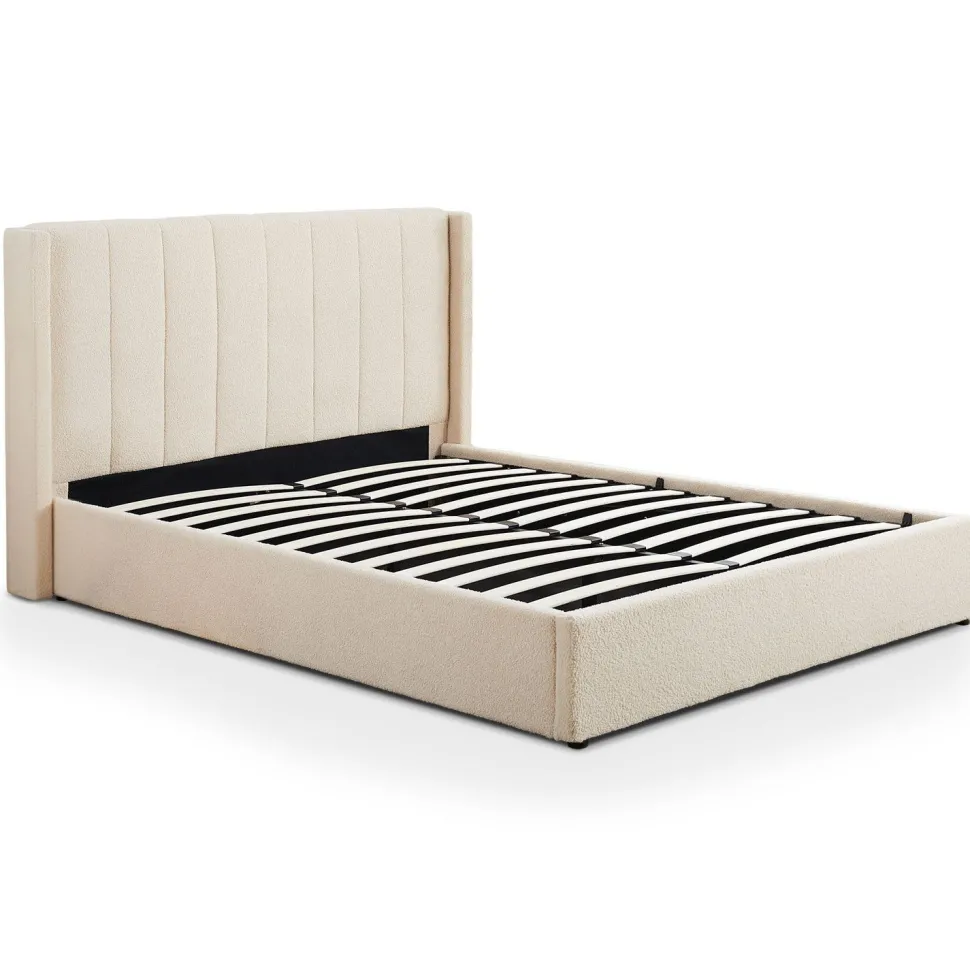 Lit double Magorial avec sommier relevable 180x200cm Tissu Bouclette Crème