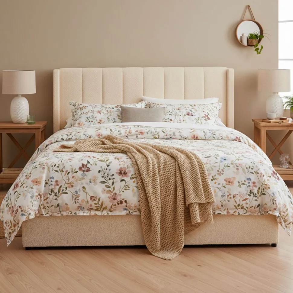 Lit double Magorial avec sommier relevable 180x200cm Tissu Bouclette Crème