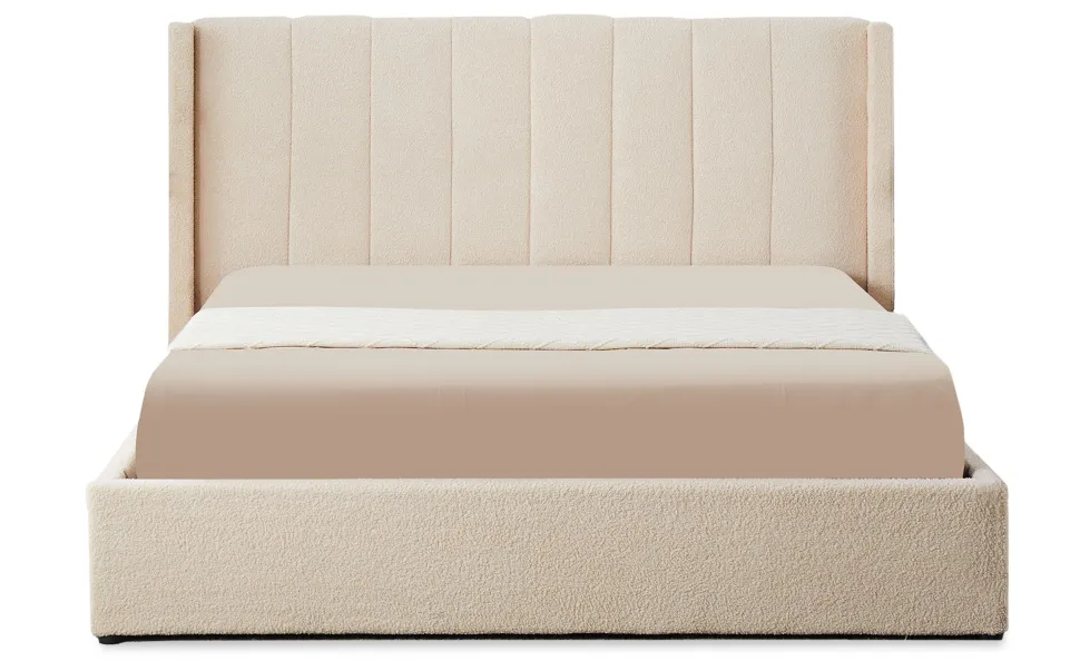 Lit double Magorial avec sommier relevable 180x200cm Tissu Bouclette Crème