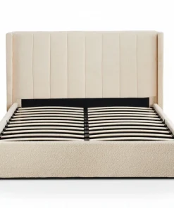 Lit double Magorial avec sommier relevable 180x200cm Tissu Bouclette Crème