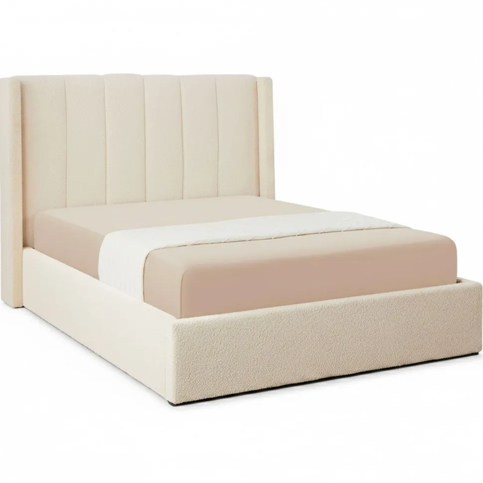 Lit double Magorial avec sommier relevable 140x190cm Tissu bouclette Crème