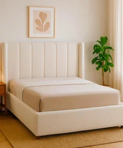 Lit double Magorial avec sommier relevable 140x190cm Tissu bouclette Crème