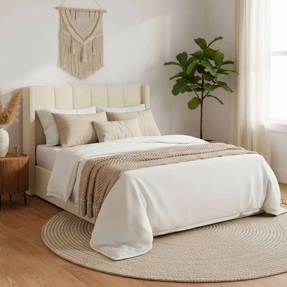 Lit double Magorial avec sommier relevable 140x190cm Tissu bouclette Crème