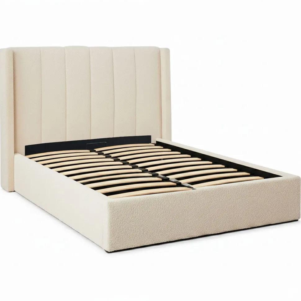 Lit double Magorial avec sommier relevable 140x190cm Tissu bouclette Crème