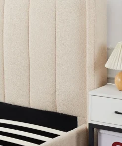 Lit double Magorial avec sommier relevable 140x190cm Tissu bouclette Crème