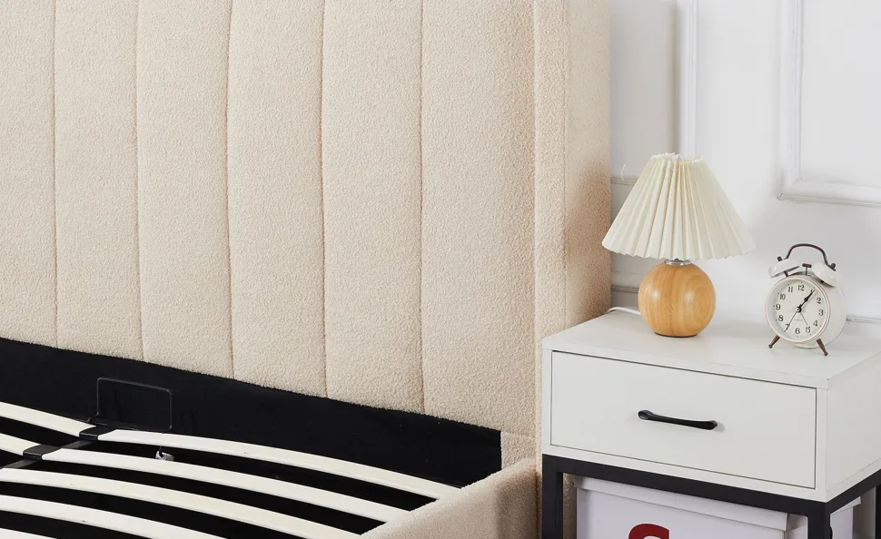 Lit double Magorial avec sommier relevable 140x190cm Tissu bouclette Crème