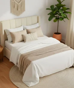 Lit double Magorial avec sommier relevable 140x190cm Tissu bouclette Crème