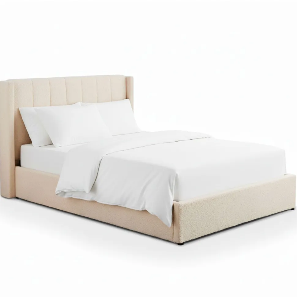 Lit double Magorial avec sommier relevable 160x200cm Tissu Bouclette Crème
