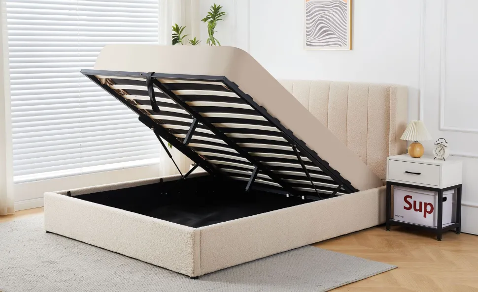 Lit double Magorial avec sommier relevable 160x200cm Tissu Bouclette Crème