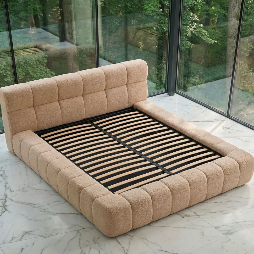 Lit-coffre avec rebords matelassés Challow 180x200cm Tissu Bouclette Beige