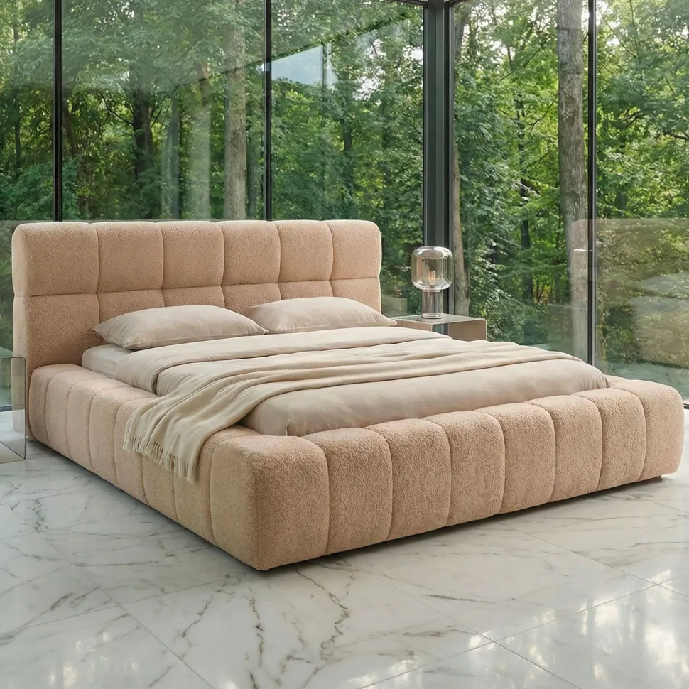 Lit-coffre avec rebords matelassés Challow 180x200cm Tissu Bouclette Beige