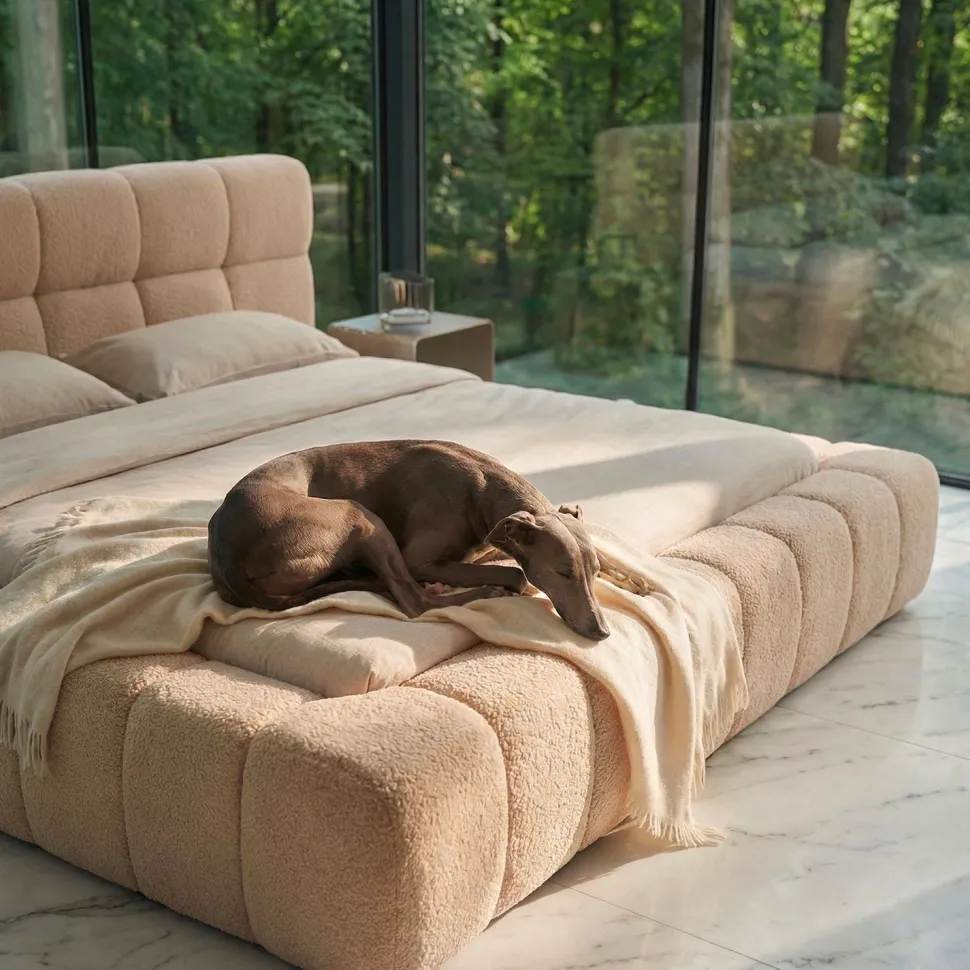 Lit-coffre avec rebords matelassés Challow 180x200cm Tissu Bouclette Beige