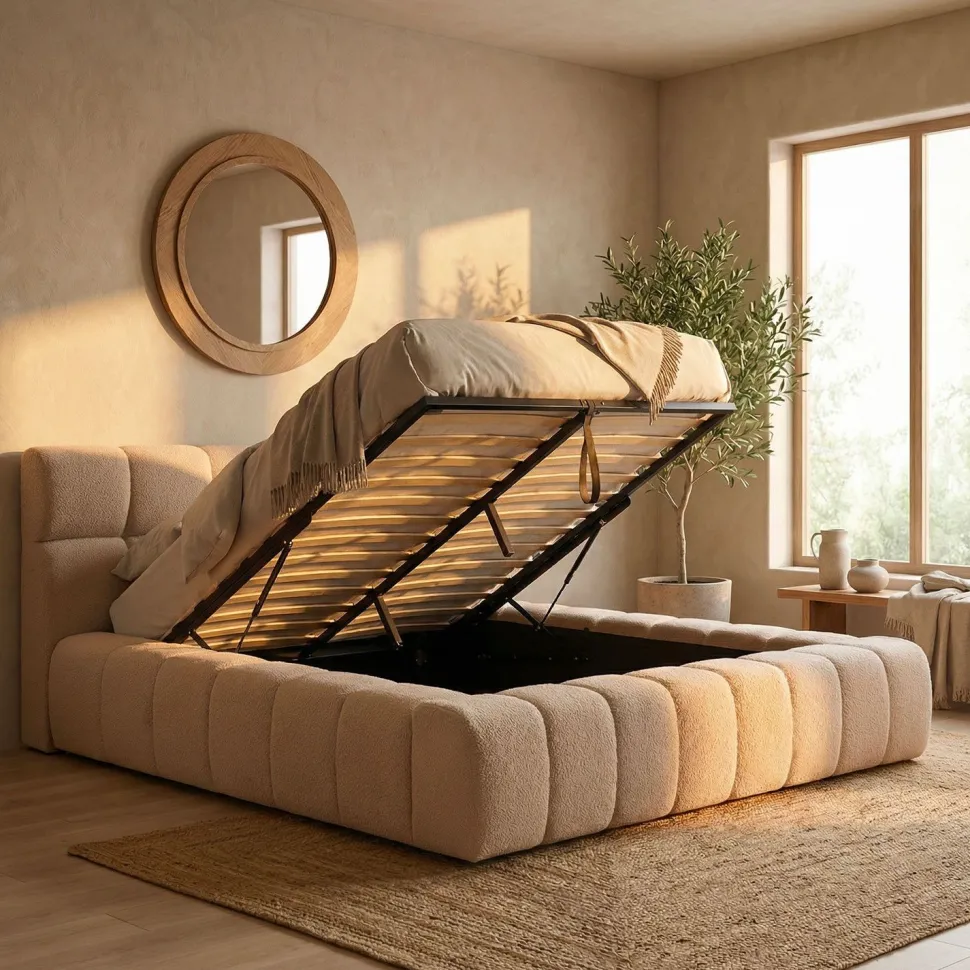 Lit-coffre avec rebords matelassés Challow 160x200cm Tissu Bouclette Beige