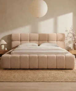 Lit-coffre avec rebords matelassés Challow 160x200cm Tissu Bouclette Beige