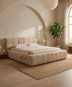 Lit-coffre avec rebords matelassés Challow 160x200cm Tissu Bouclette Beige