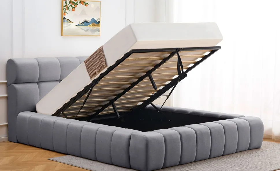 Lit-coffre avec rebords matelassés Challow 140x190cm Tissu Gris foncé