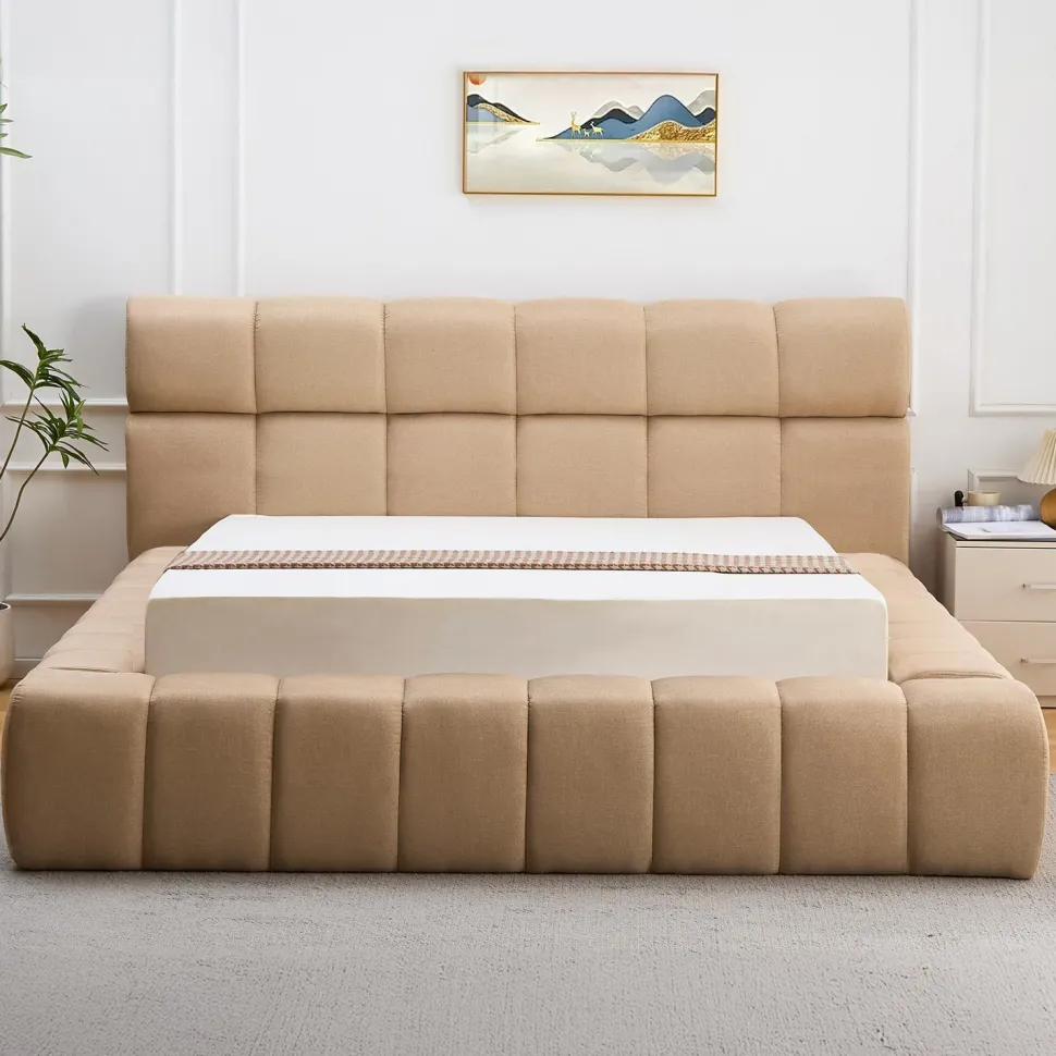 Lit-coffre avec rebords matelassés Challow 180x200cm Tissu Beige