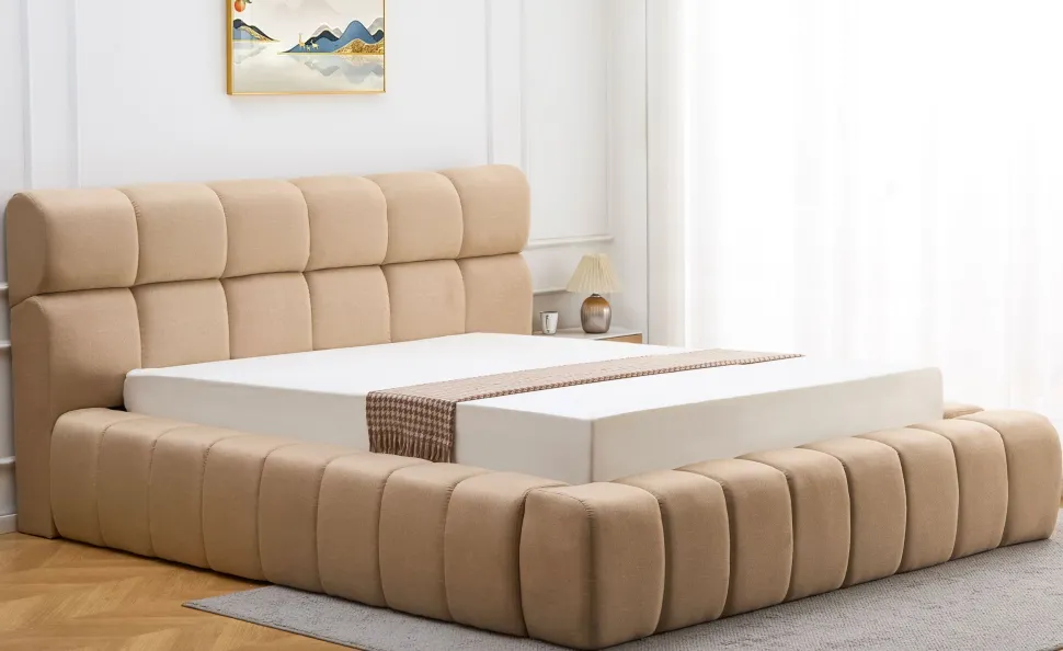 Lit-coffre avec rebords matelassés Challow 140x190cm Tissu Beige