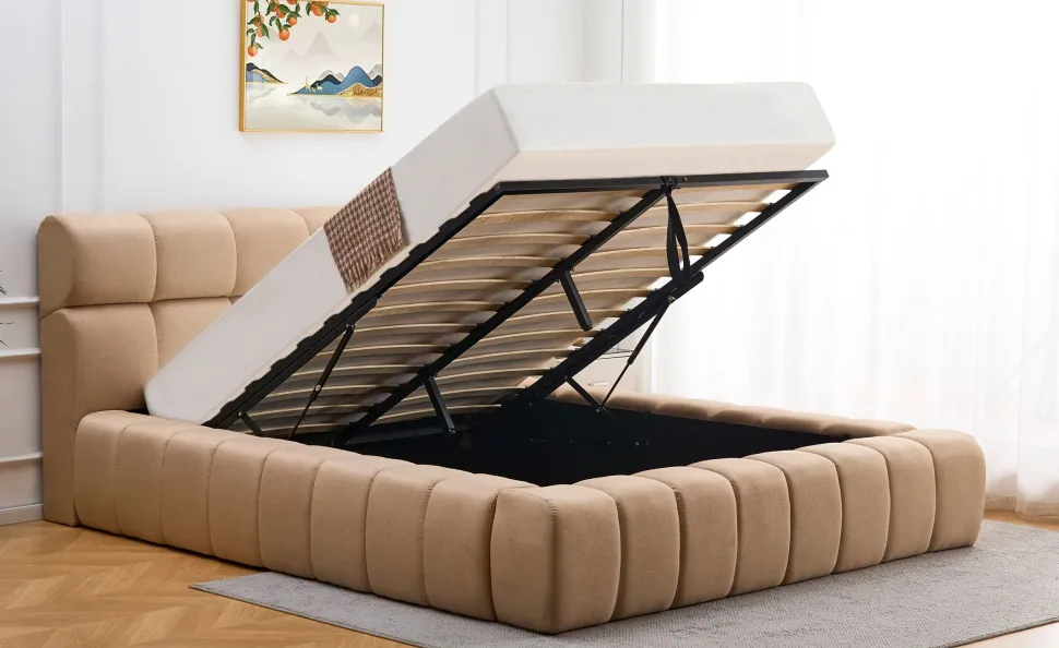 Lit-coffre avec rebords matelassés Challow 140x190cm Tissu Beige