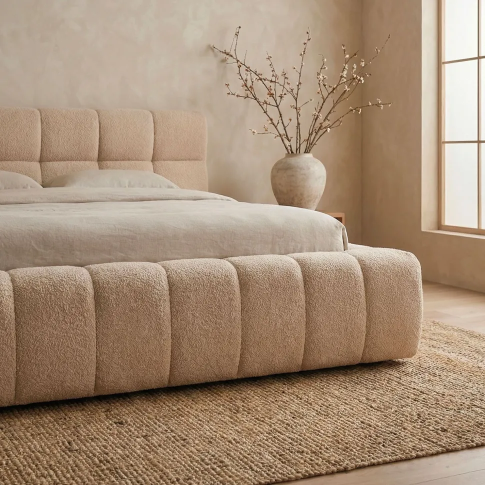 Lit-coffre avec rebords matelassés Challow 140x190cm Tissu Bouclette Beige