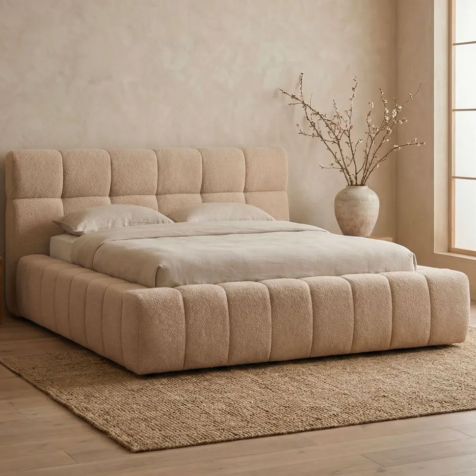 Lit-coffre avec rebords matelassés Challow 140x190cm Tissu Bouclette Beige