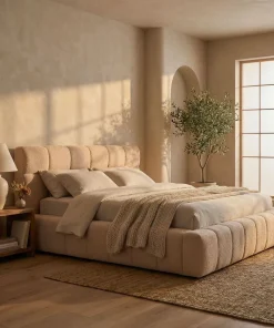 Lit-coffre avec rebords matelassés Challow 140x190cm Tissu Bouclette Beige