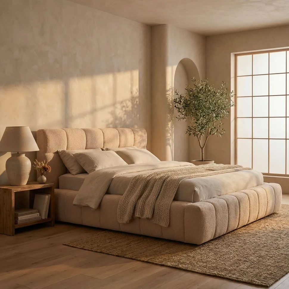 Lit-coffre avec rebords matelassés Challow 140x190cm Tissu Bouclette Beige