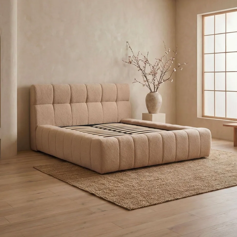 Lit-coffre avec rebords matelassés Challow 140x190cm Tissu Bouclette Beige