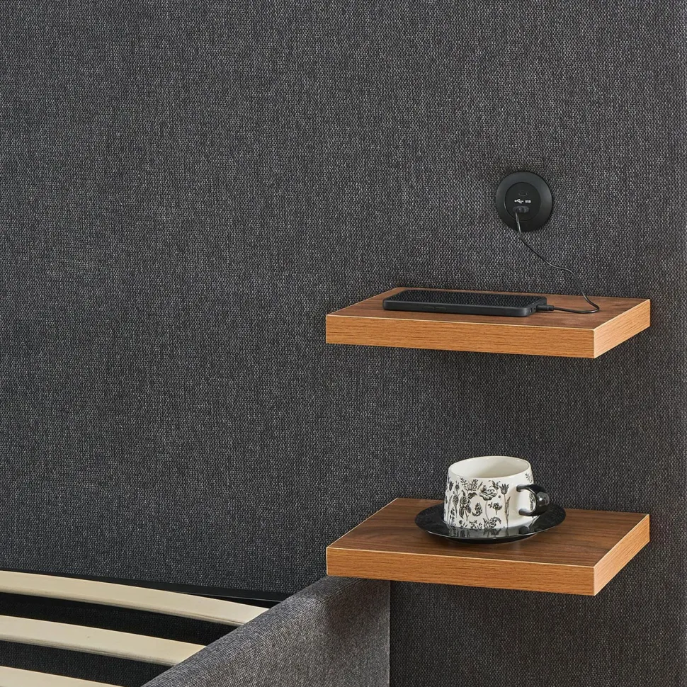Lit-coffre complet avec tablettes et ports USB intégrés Lukas 140x190cm Tissu Gris