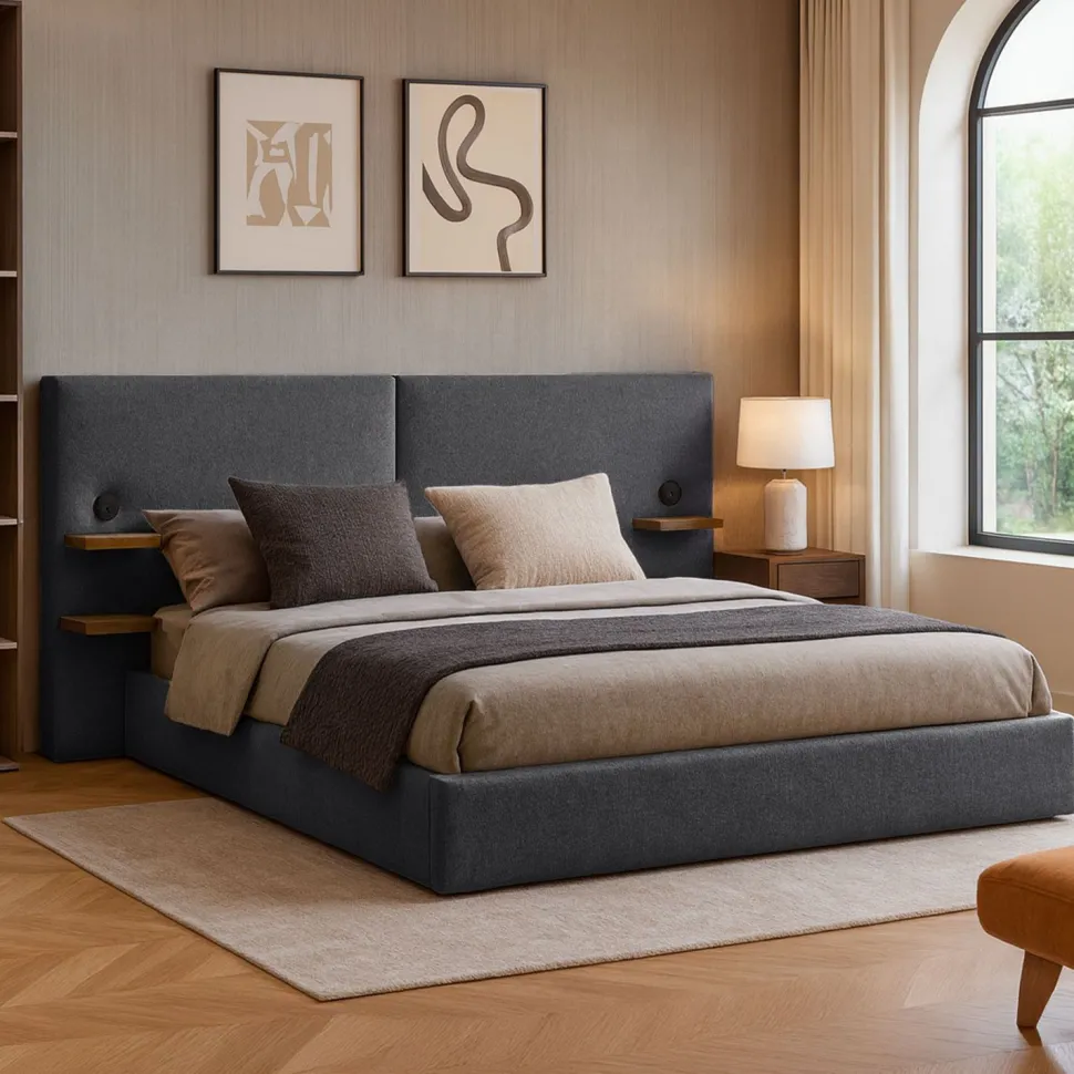 Lit-coffre complet avec tablettes et ports USB intégrés Lukas 140x190cm Tissu Gris
