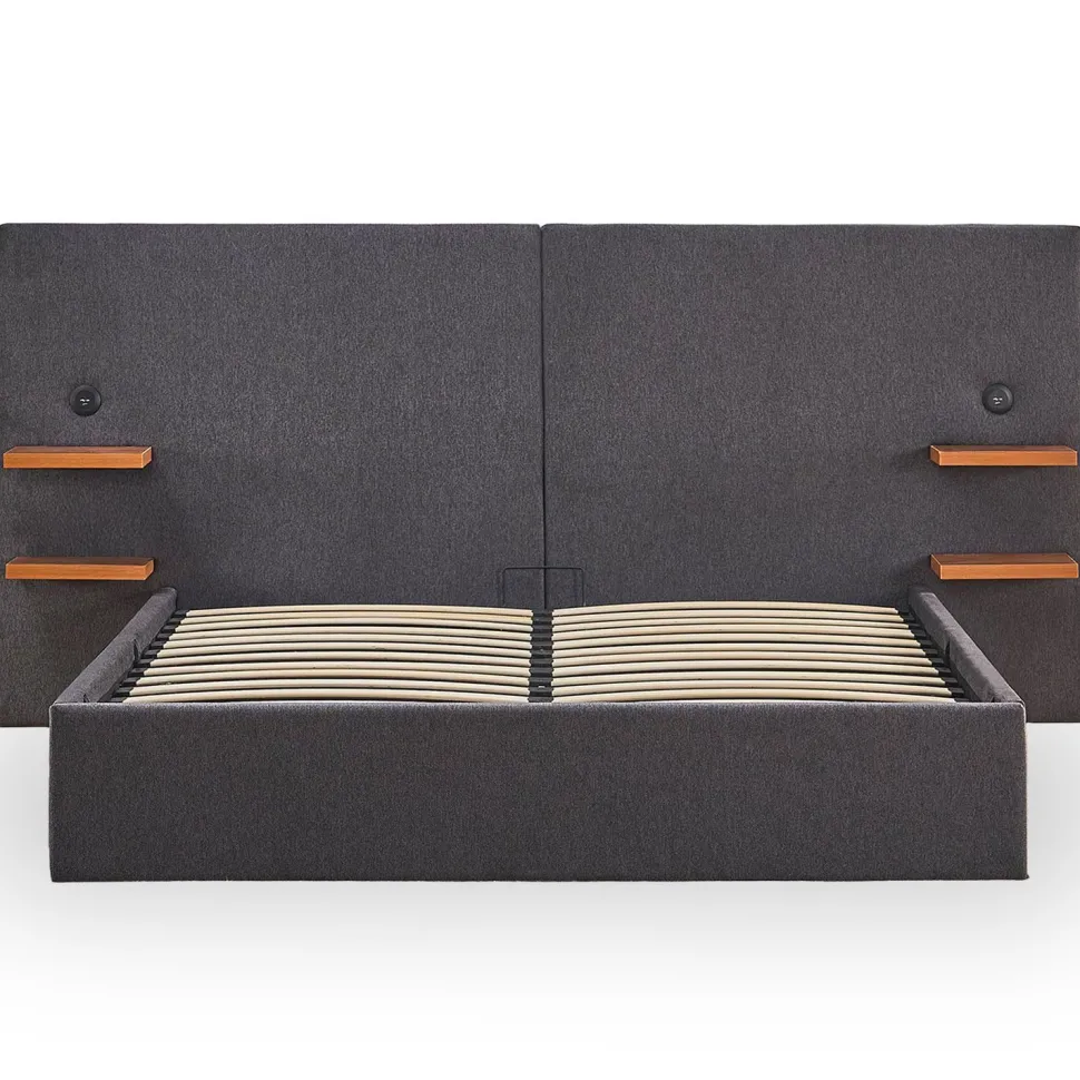 Lit-coffre complet avec tablettes et ports USB intégrés Lukas 140x190cm Tissu Gris
