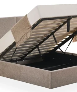 Lit-coffre complet avec tablettes et ports USB intégrés Lukas 160x200cm Tissu Taupe clair