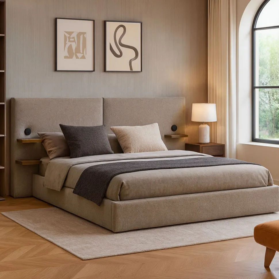 Lit-coffre complet avec tablettes et ports USB intégrés Lukas 180x200cm Tissu Taupe clair
