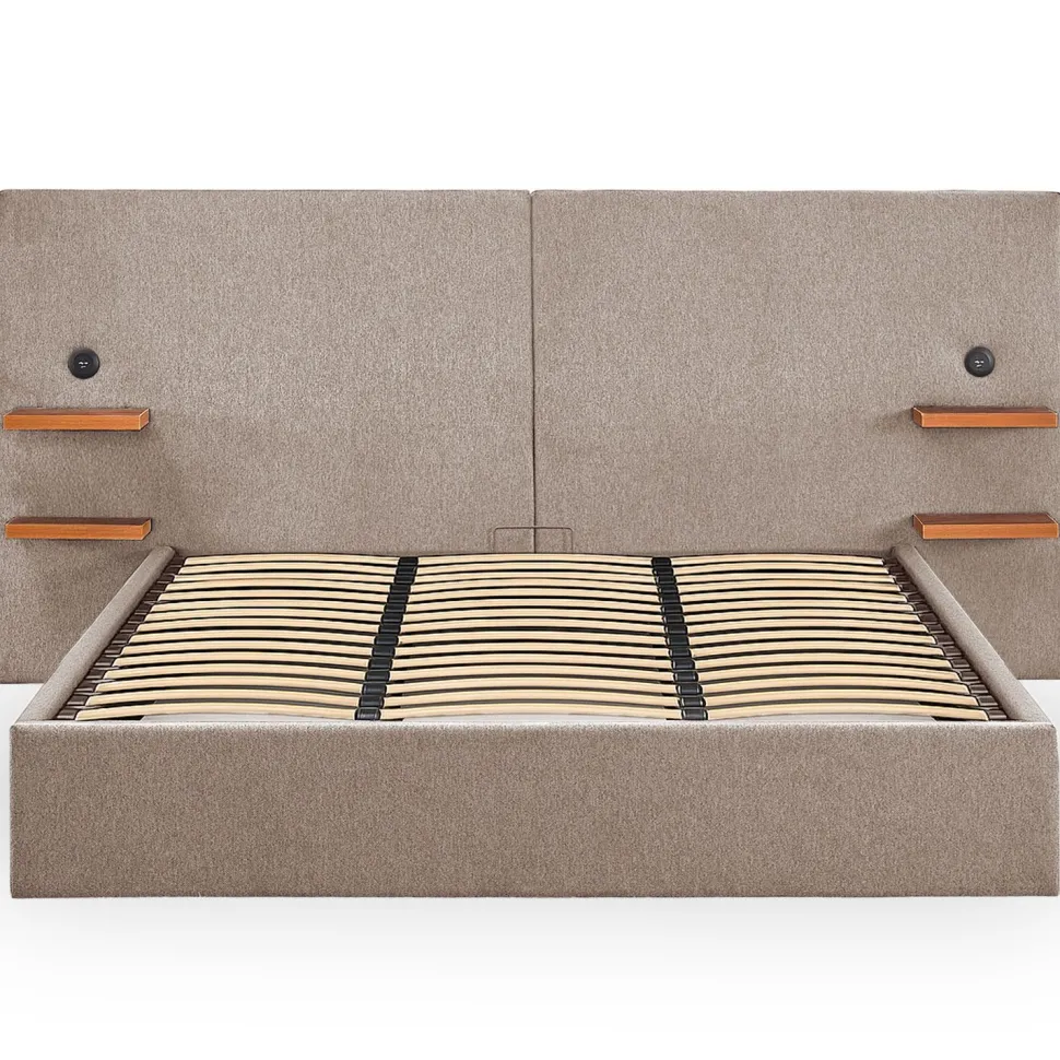 Lit-coffre complet avec tablettes et ports USB intégrés Lukas 180x200cm Tissu Taupe clair