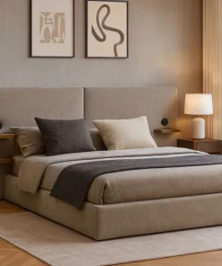 Lit-coffre complet avec tablettes et ports USB intégrés Lukas 180x200cm Tissu Taupe clair