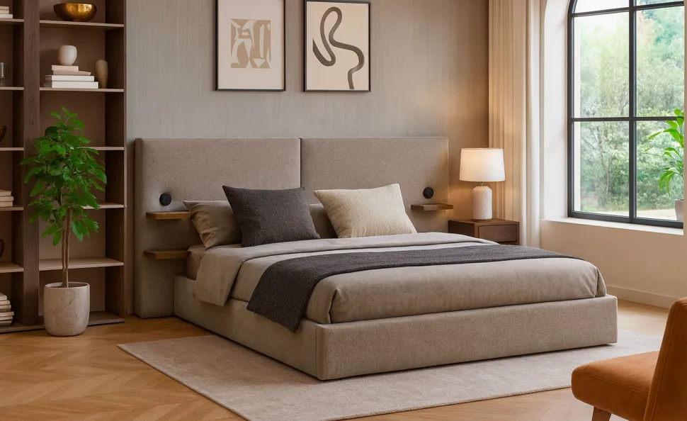 Lit-coffre complet avec tablettes et ports USB intégrés Lukas 180x200cm Tissu Taupe clair