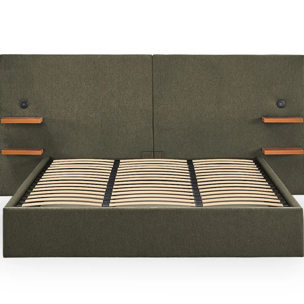 Lit-coffre complet avec tablettes et ports USB intégrés Lukas 180x200cm Tissu Vert