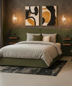 Lit-coffre complet avec tablettes et ports USB intégrés Lukas 180x200cm Tissu Vert