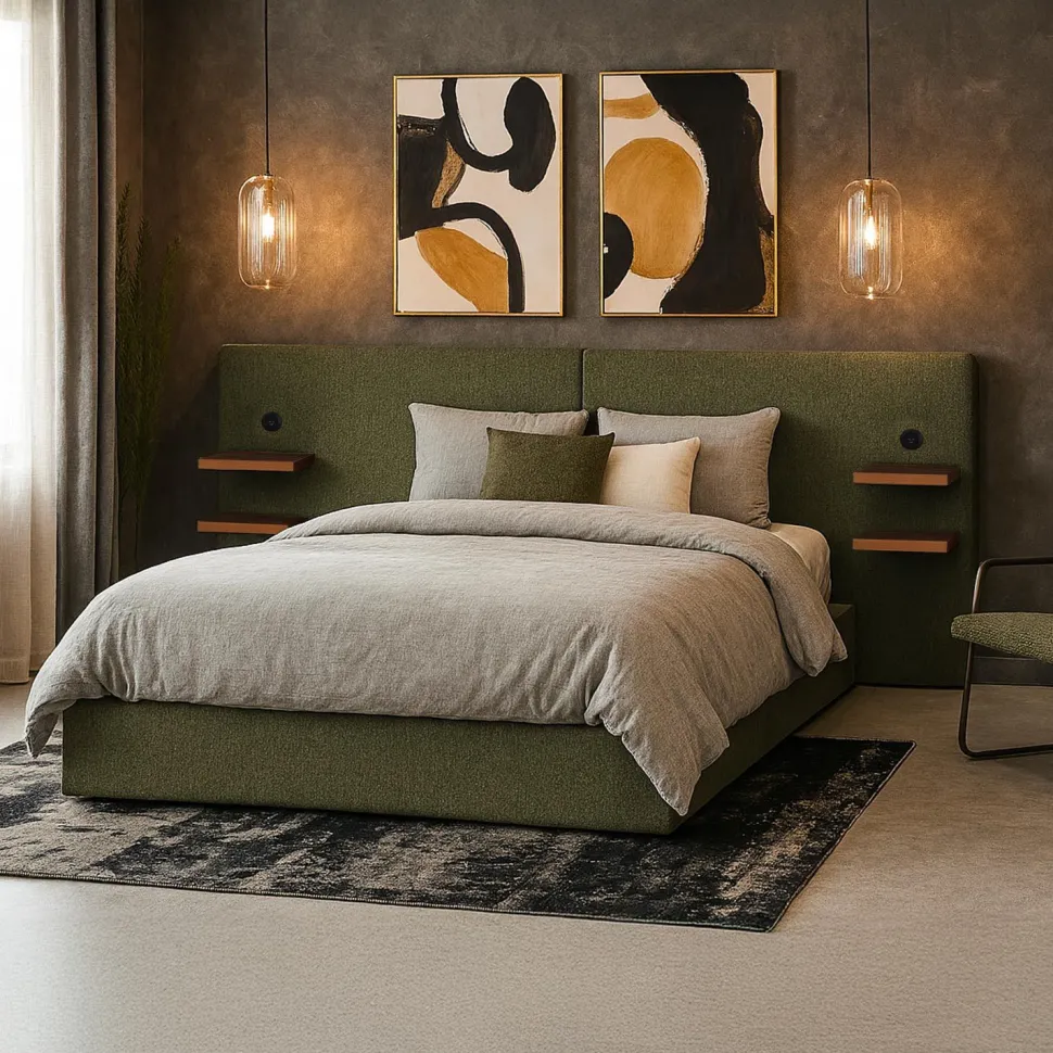 Lit-coffre complet avec tablettes et ports USB intégrés Lukas 180x200cm Tissu Vert