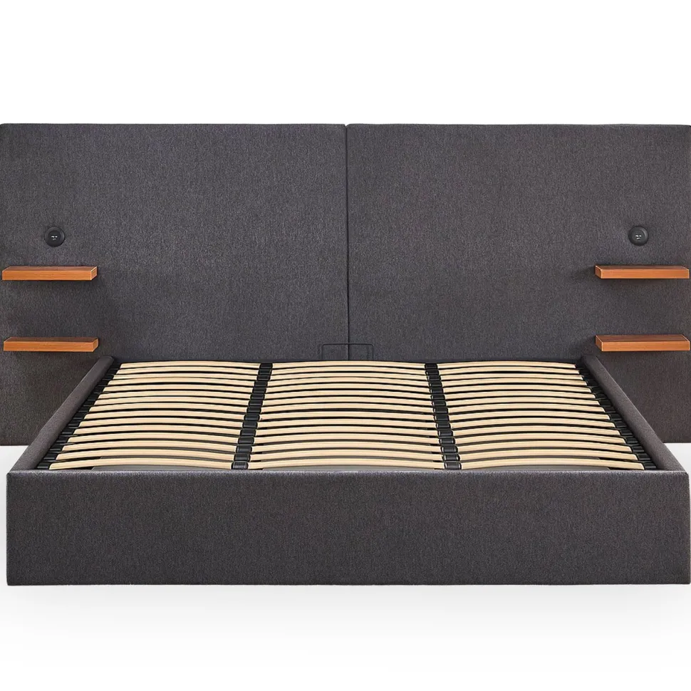 Lit-coffre complet avec tablettes et ports USB intégrés Lukas 180x200cm Tissu Gris