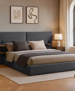 Lit-coffre complet avec tablettes et ports USB intégrés Lukas 180x200cm Tissu Gris