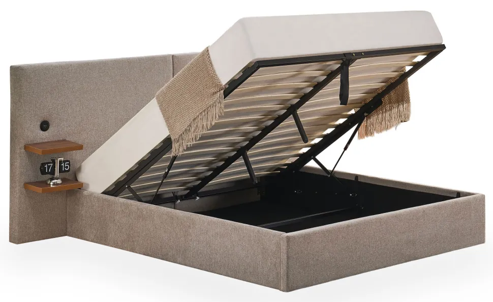 Lit-coffre complet avec tablettes et ports USB intégrés Lukas 140x190cm Tissu Taupe clair