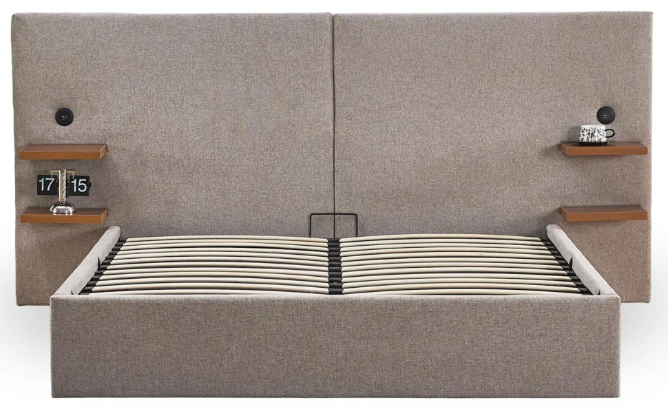 Lit-coffre complet avec tablettes et ports USB intégrés Lukas 140x190cm Tissu Taupe clair