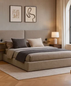 Lit-coffre complet avec tablettes et ports USB intégrés Lukas 140x190cm Tissu Taupe clair