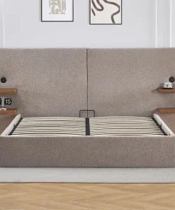 Lit-coffre complet avec tablettes et ports USB intégrés Lukas 140x190cm Tissu Taupe clair