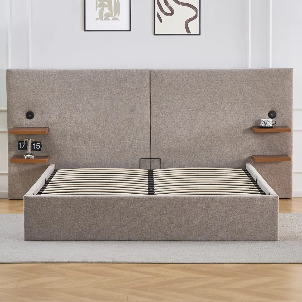 Lit-coffre complet avec tablettes et ports USB intégrés Lukas 140x190cm Tissu Taupe clair