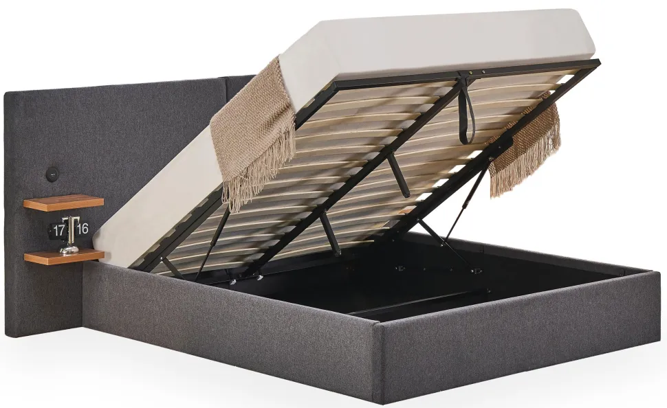 Lit-coffre complet avec tablettes et ports USB intégrés Lukas 160x200cm Tissu Gris