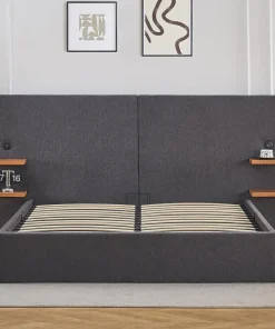 Lit-coffre complet avec tablettes et ports USB intégrés Lukas 160x200cm Tissu Gris