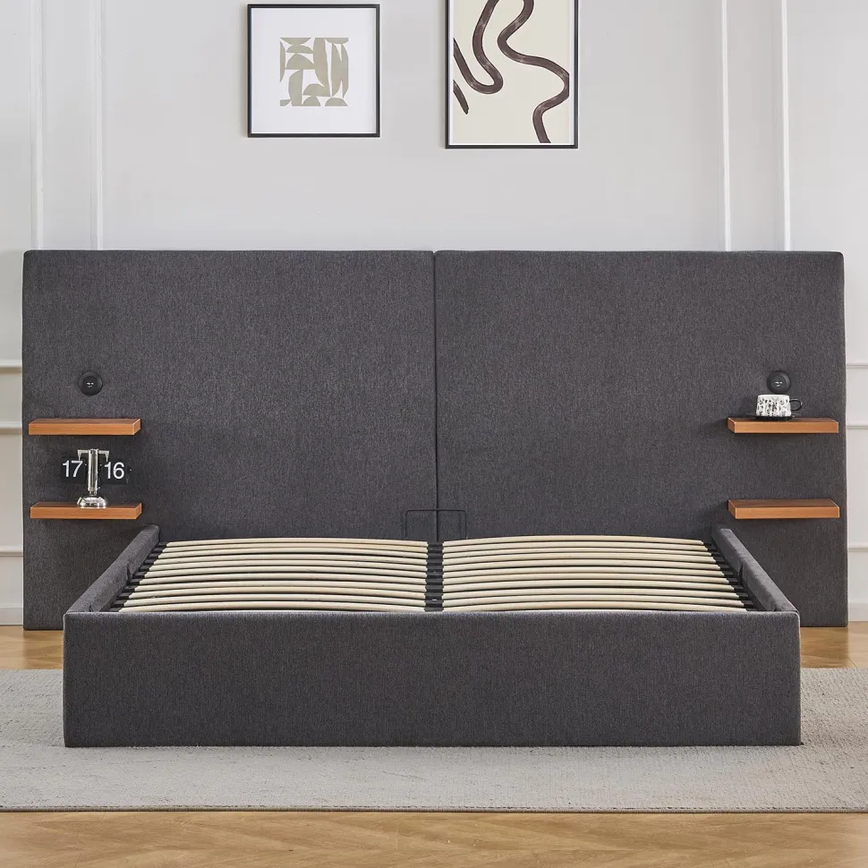 Lit-coffre complet avec tablettes et ports USB intégrés Lukas 160x200cm Tissu Gris
