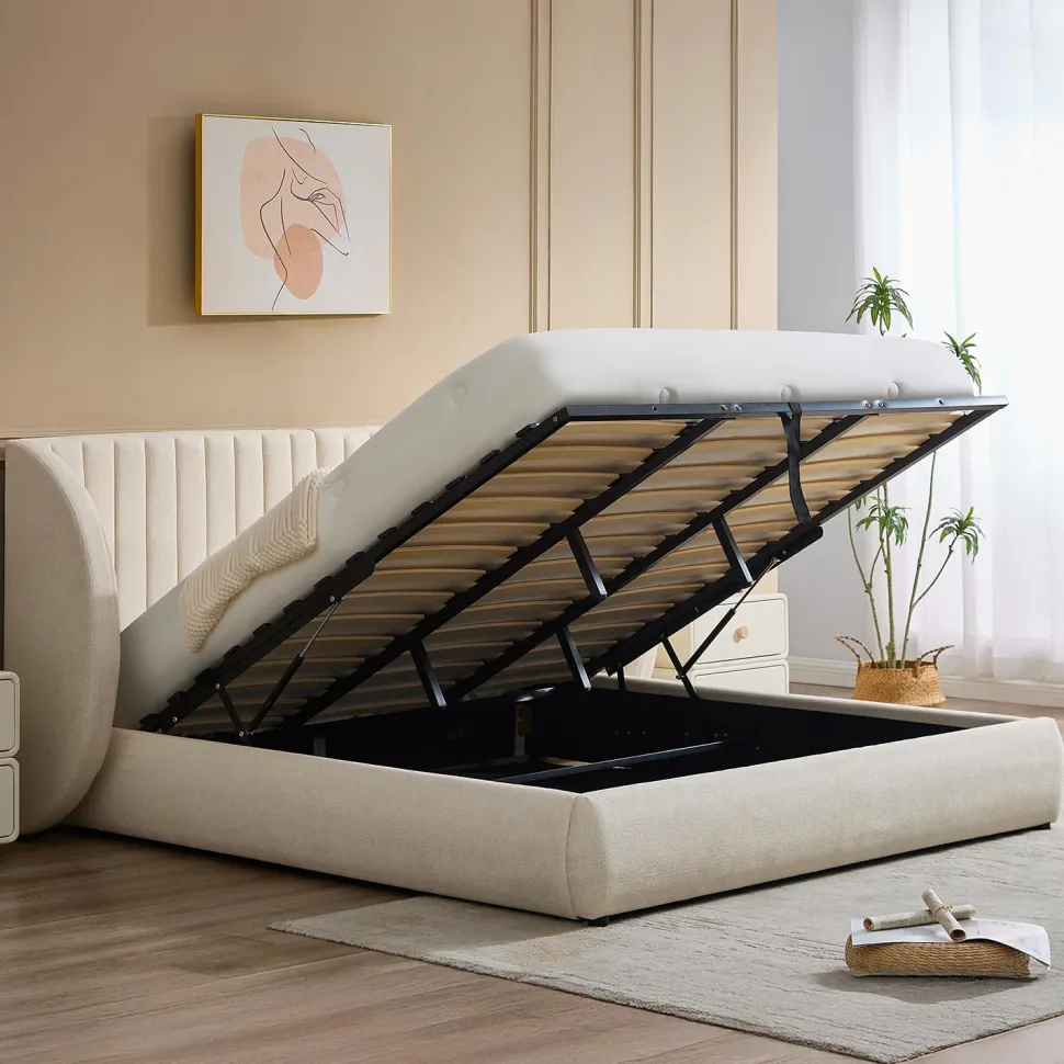 Lit-coffre complet avec tête de lit modulable Cocon 180x200cm Tissu Beige